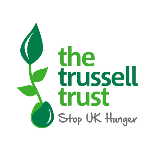 the trussel trust logo. there is a picture of a small green plant and the words "Stop UK hunger"